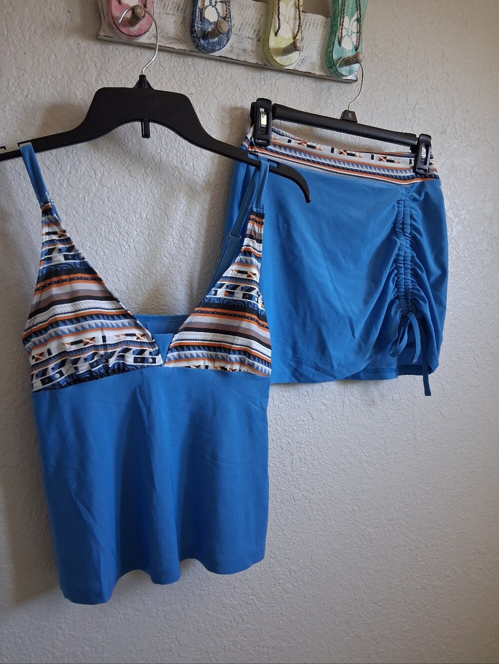 Blue Tankini Top and Swim Skort Set with Striped Accents